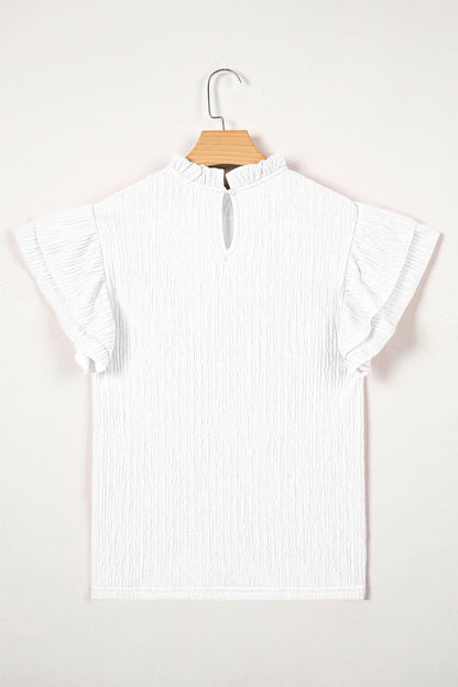 White Textured Ruffle Trim Top