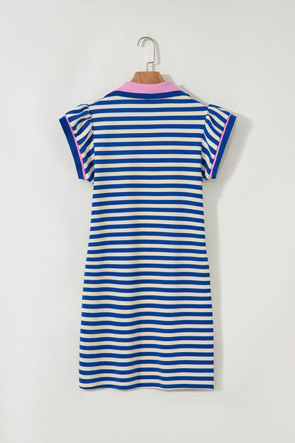 Blue Striped Puff Sleeve Dress