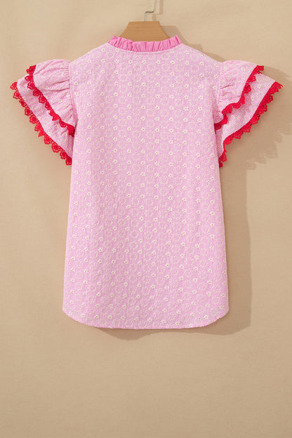 Pink  Lace Trim Flutter Sleeve Blouse
