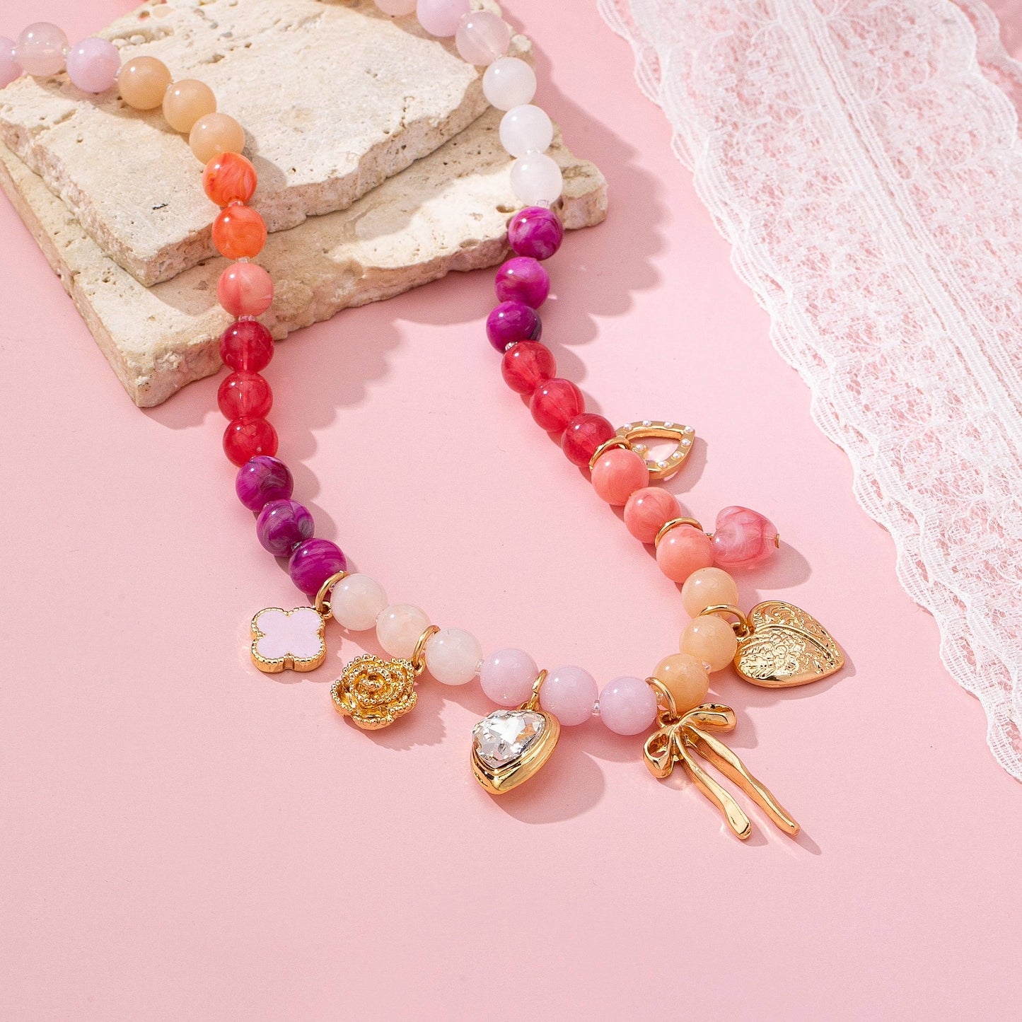 Pastel Beaded Bow Heart Flower Charm Necklace