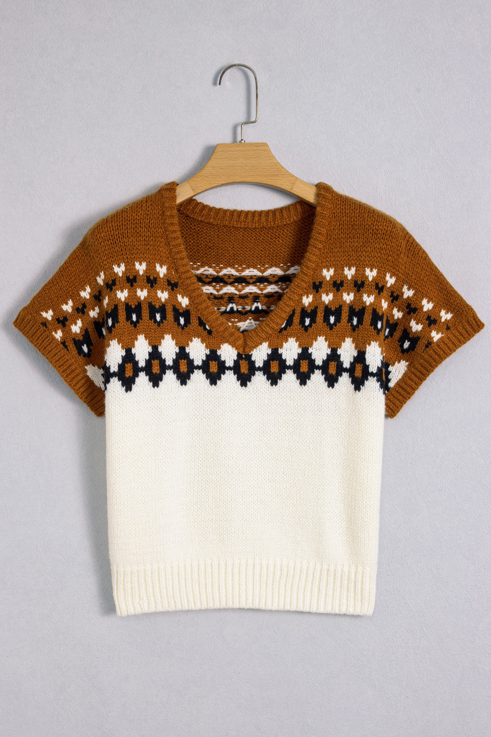 Brown V Neck Short Sleeve Sweater