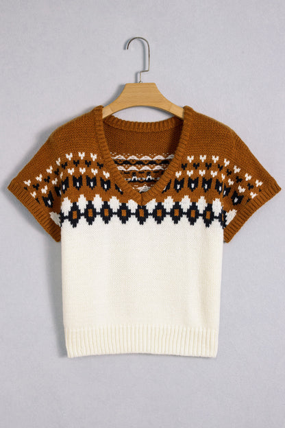 Brown V Neck Short Sleeve Sweater