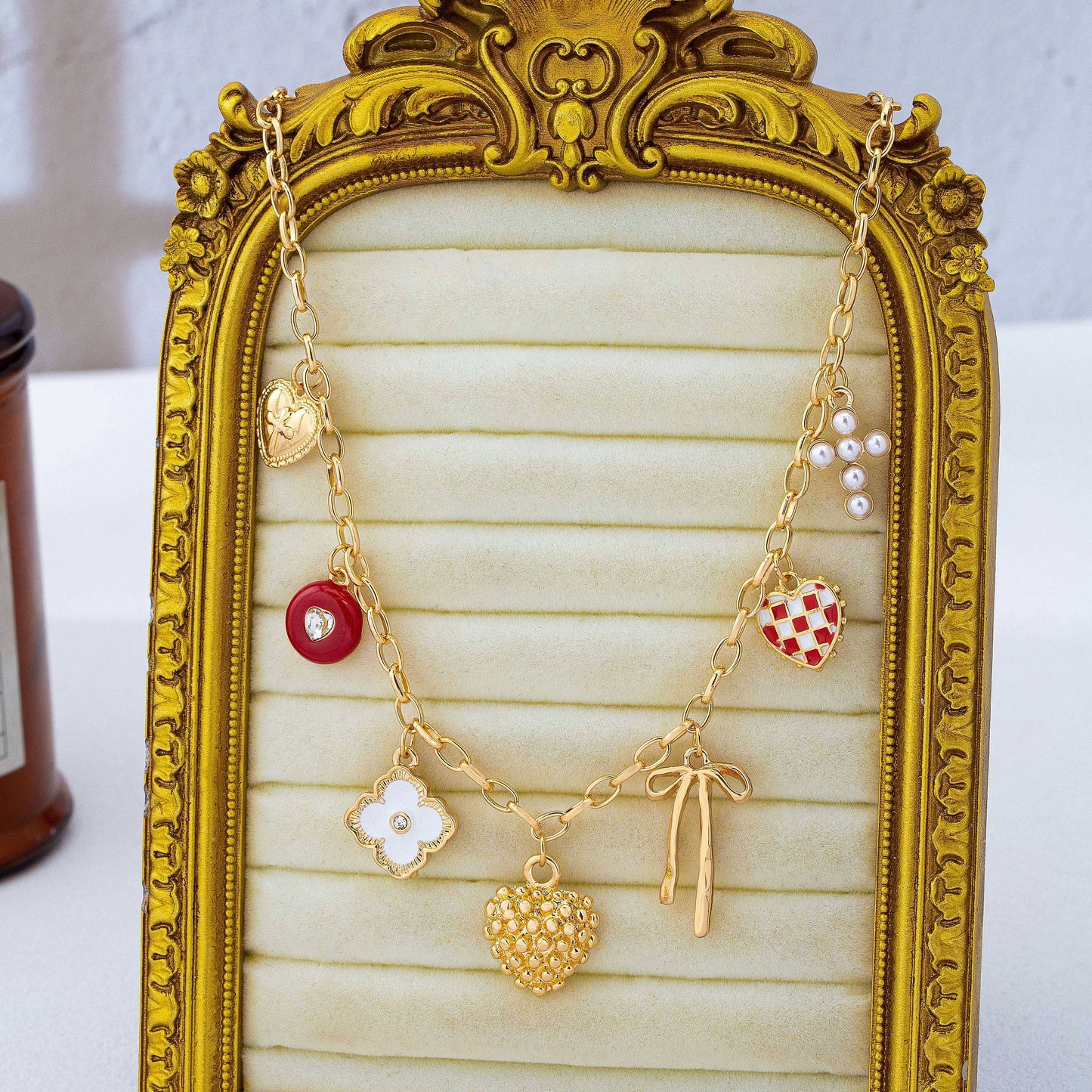 Heart Bow Cross Checker heart Charm Necklace