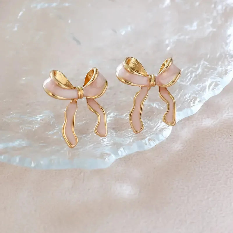 Pink and Gold Bow Earrings