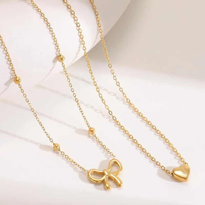 Double-Layer Heart and Bow Beads Necklace