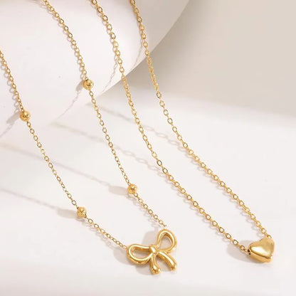 Double-Layer Heart and Bow Beads Necklace